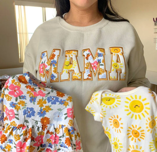 Custom Embroidered MAMA Sweatshirt – Personalized Appliqué Letters | Floral, Sports, Glitter & More